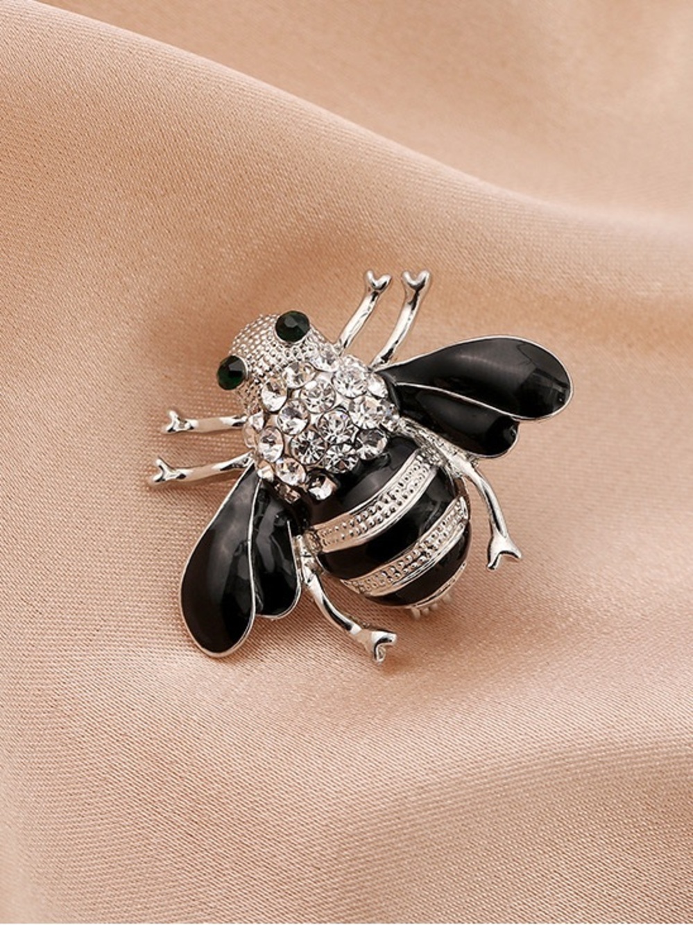 Silver Tone Black Rhinestone Bumble Bee Brooch Jeweled Crystal Bee Statement Pin